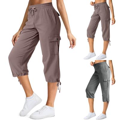Damen-Cargo-Caprihose aus Baumwolle mit 6 Taschen, leicht, für Outdoor-Reisen, lässig, bequem, für den Sommer