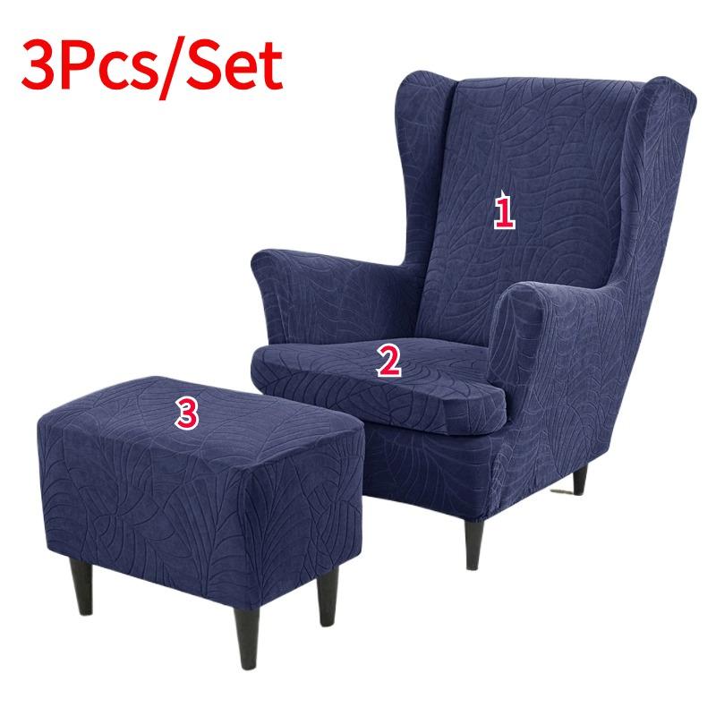 3pcs/set Solid Color Elastic Wing Chair Covers Water Repellent Stretch Wingback Chairs Protector Covers with Ottoman Cover