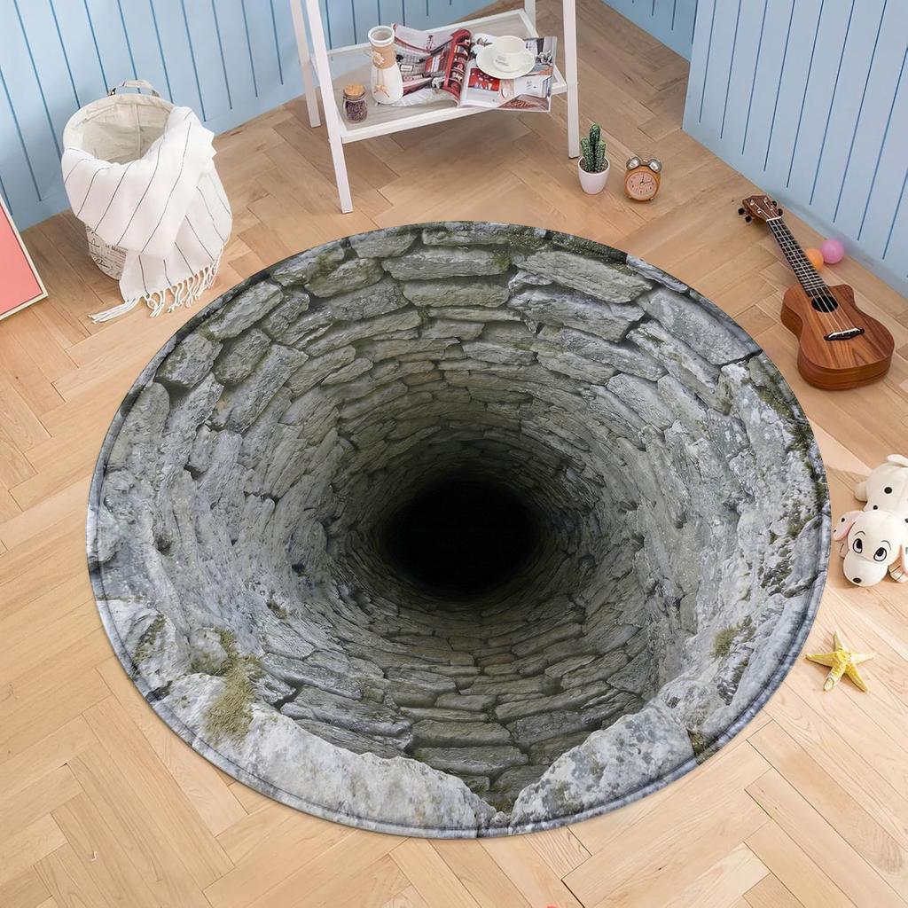 3D Deep Hole Stone Well Round Rug, Optical Illusion Abyss Floor Mat, Vintage Cobblestone Circle Carpet for Entryway, Living Room