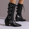 Punk Black White Wedges Boots Women's 2024 Autumn Winter Lace Up Mid Calf Boots Pointed Toe Heart Belt Buckles Shoes