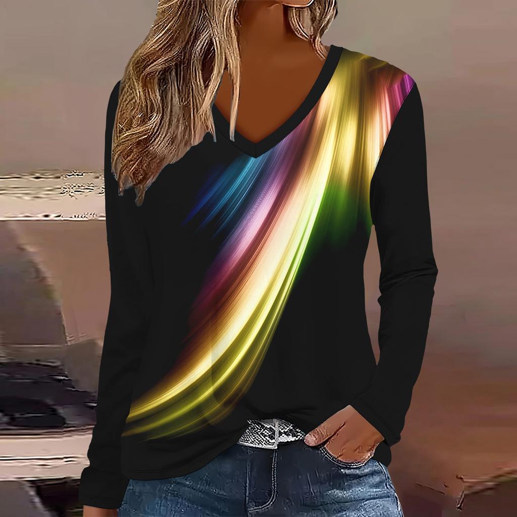 Plus size European and American Fashion 2025 Women's Elegant V-neck Long Sleeve T-shirt