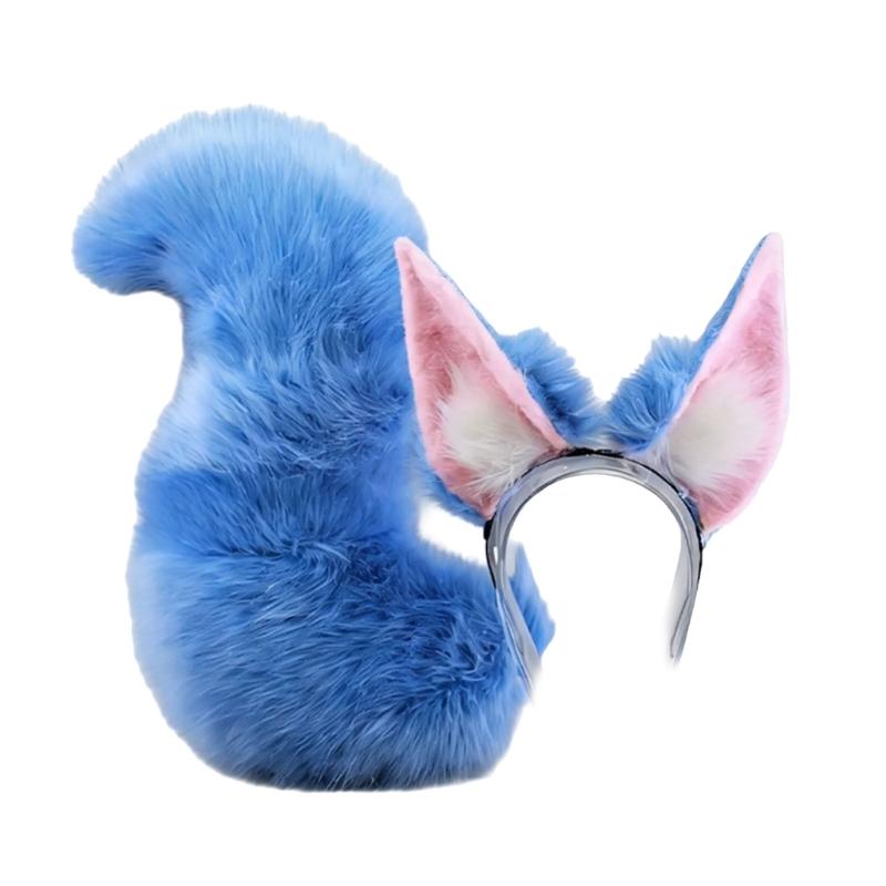

2pcs Foxes Costume Foxes Tail Foxes Ears Headband Faux Furs Tail for Halloween Christmas Cosplay синій