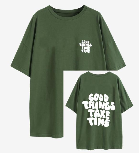 

Хорошие вещи берут время Смешные графические буквы Женский трикотаж Модная одежда Хлопковый топ Модная летняя футболка Футболка больших размеров XL армия зеленый