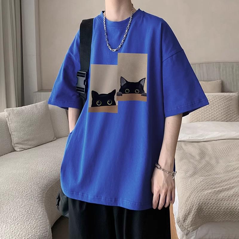 Men's Short-Sleeve Cotton Loose Print Round Neck Tee
