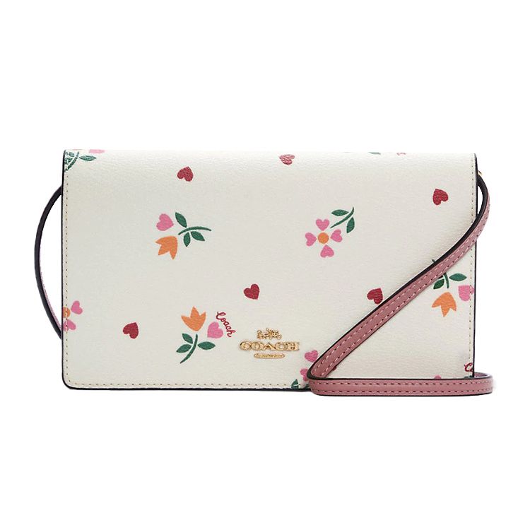 Coach Anna 20 Heart Floral Print Flap Coated Canvas And Leather Crossbody Bag Small Women crossbody bag Pink White C7657-IMCAH Basic Set (Bag+Dust Bag)