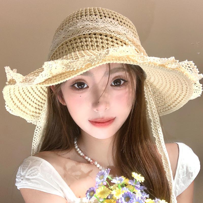 Summer Wide Brim Lace Up Hollow Straw Hat For Women Casual Beach Sun Protection