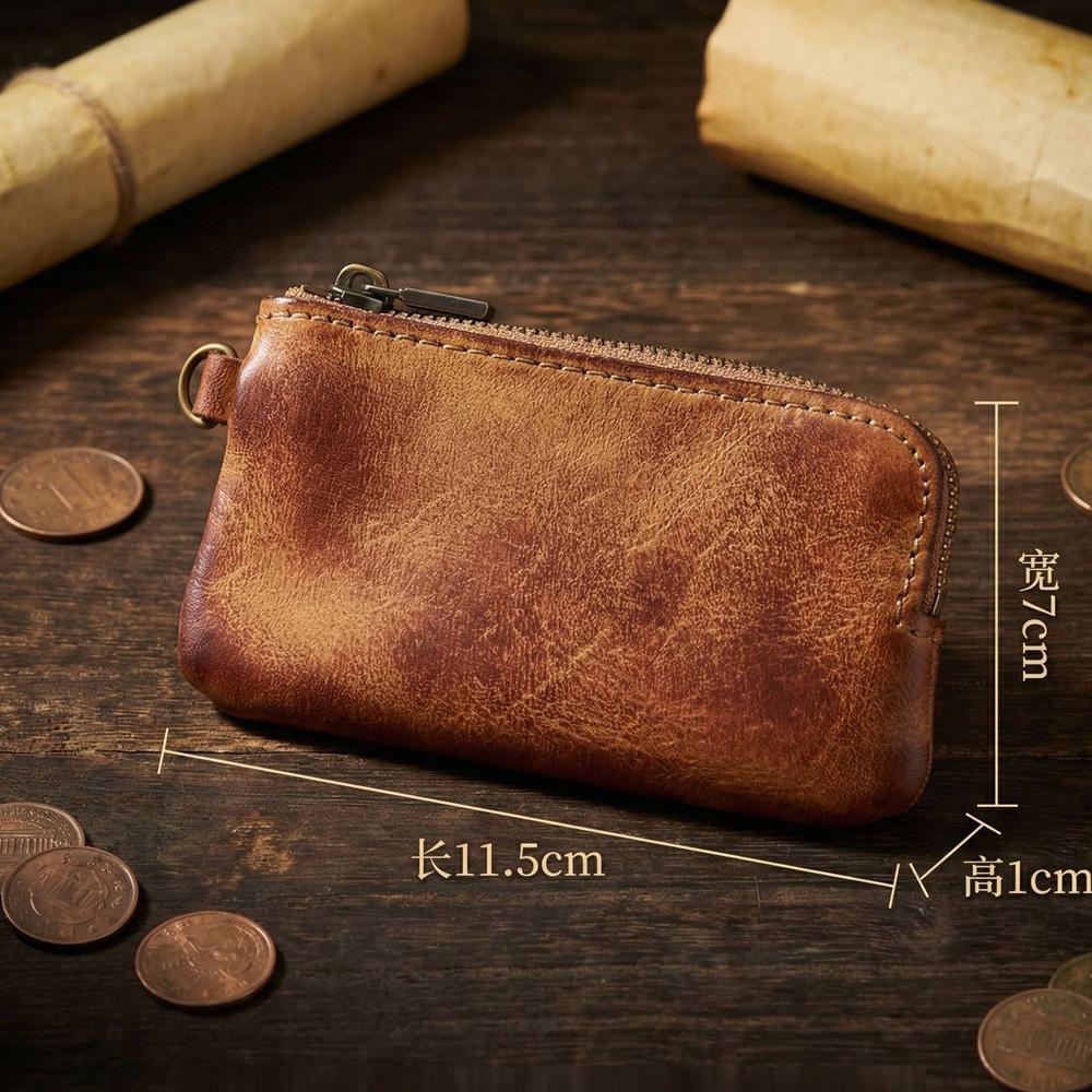 Handmade Vintage Genuine Leather Coin Purse Mini Zipper Wallet Cowhide Key Holder Small Pouch Retro Change Bag for Men Women