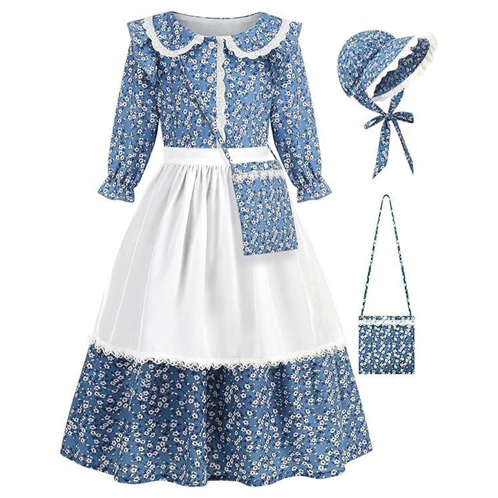 Girl Clothing Girl Colonial Clothing Children's Flowers Grassland Dress With Apron , Hat And Backpack