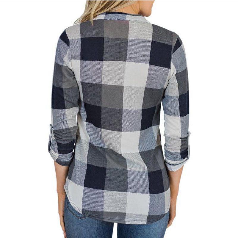 

Women Vintage V-neck Loose Tops Long Sleeve Stylish T-shirt With Plaid Casual Design Gray,2XL