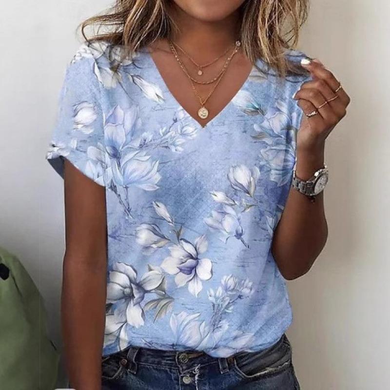 Tricou casual pentru femei, cu imprimeu floral negru, decolteu în V, mânecă scurtă, pentru purtare zilnică