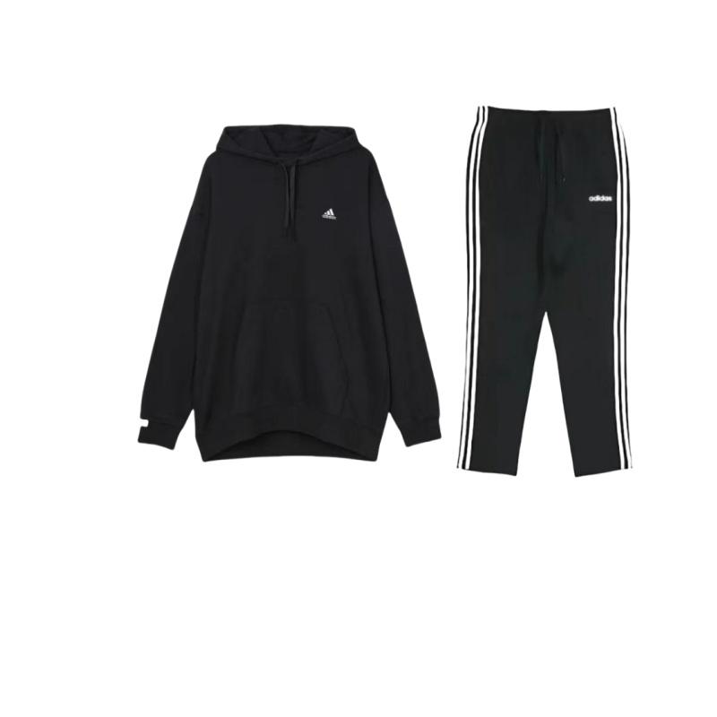 

Adidas Sweat Hoodie Logo Thickened Hooded Long Sleeve Striped Pants Casual Sports Suit Unisex Tracksuit Black DU0456+-IV7600 S