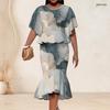 Women Plus Size Round Neck Batwing Sleeve Printed Ruffle Hem Top Fishtail Skirt Two Piece Set