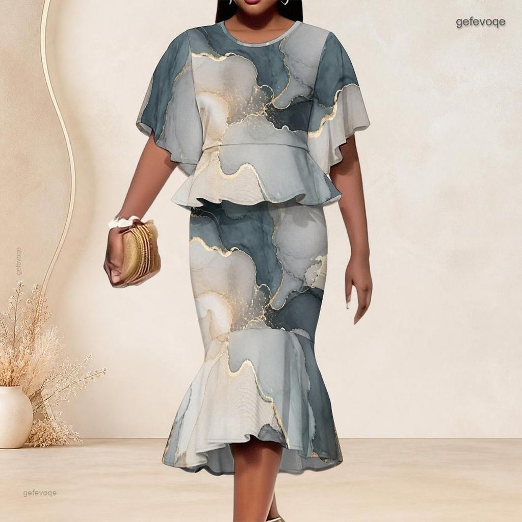 Women Plus Size Round Neck Batwing Sleeve Printed Ruffle Hem Top Fishtail Skirt Two Piece Set