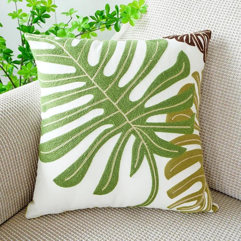 45x45cm Nordic Green Plants Embroidered Pillow Cover Pillowcases Leaf Cushion Cover Decorative for Sofa Bedroom Home Decor