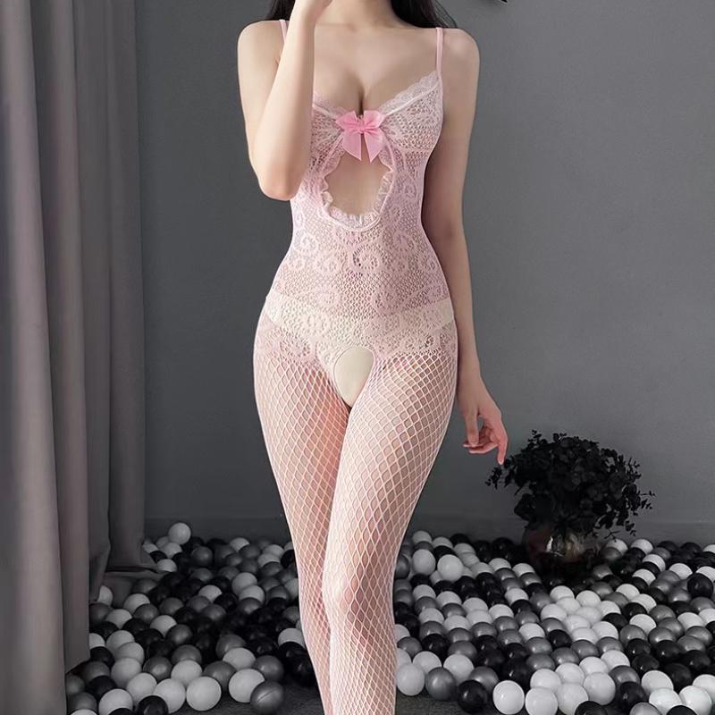 Sexy Women Girl Lingerie Elasticity Fishnet Mesh Tights Open Crotch Hollow Out Bodysuit Sex Pantyhose Lingerie Bodysuit Set Pink