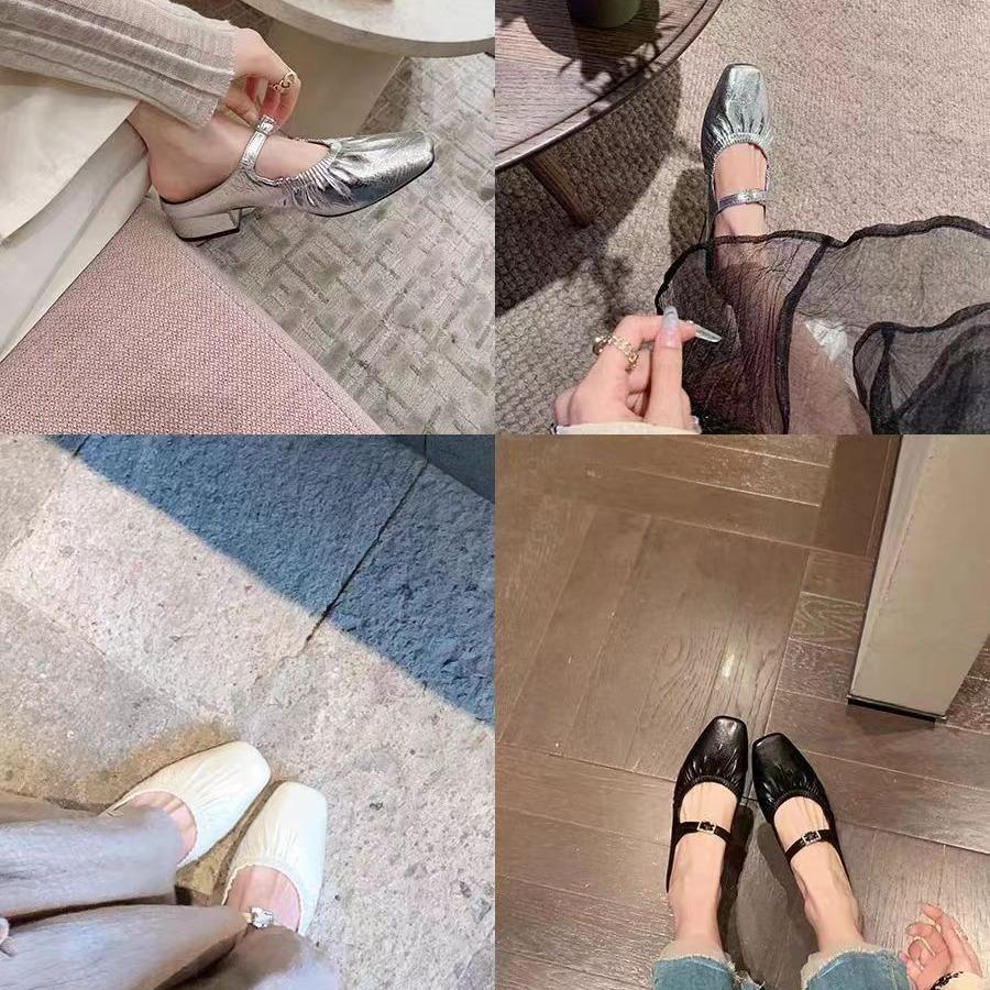 Silver French Leather Single Shoes Women's 2025 Summer New Muller Pleated Mary Jane Shoes Outer Bag Head Half Slippers
