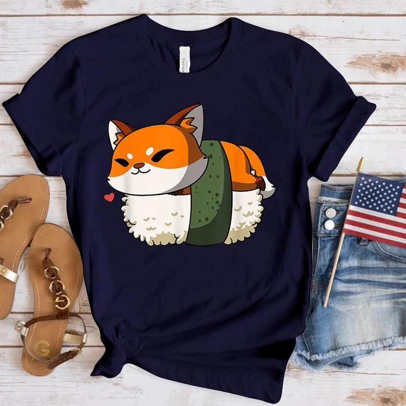 Harajuku T-shirts Sushi Fox Print Funny Cartoon T Shirt Women Ullzang Fashion T-shirt 90s Kawaii Tshirt Graphic Top Tees Female