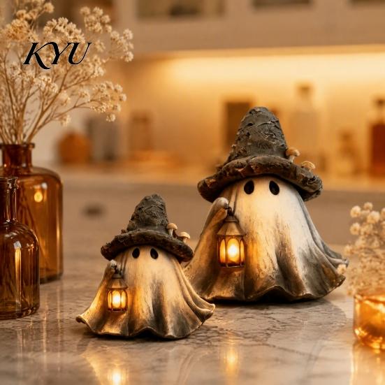 Vintage Fall Display Accessories Halloween Ghost Wizard Hat Resin Figurine with LED Lantern, Witch Atmospheric Party Supplies Holding Lamp Statue,