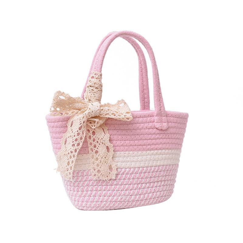 Stylish Woven Handheld Plaid Bucket Bag Large Capacity Trendy Girls Purse In Gray Khaki Pink