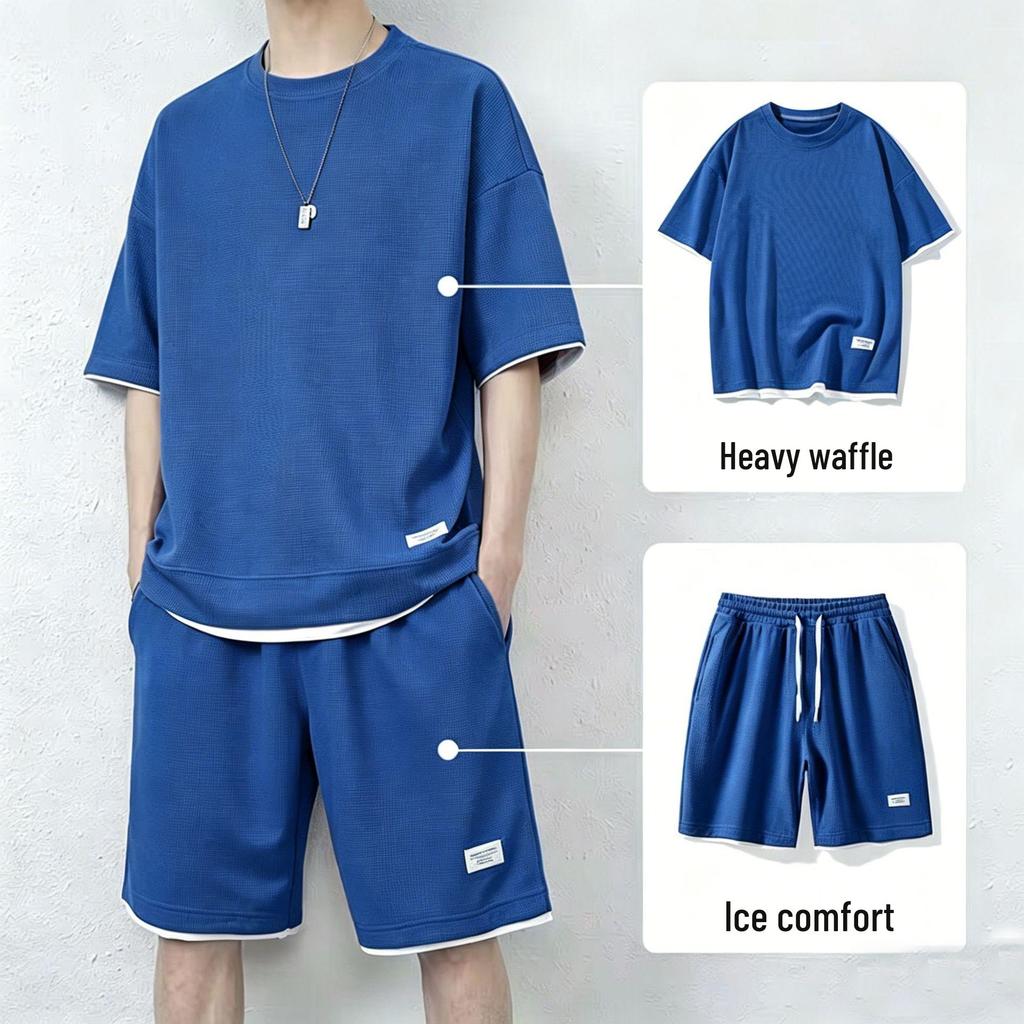 Conjunto Masculino de Verão Camiseta Tricô Waffle e Shorts Seda Gelo