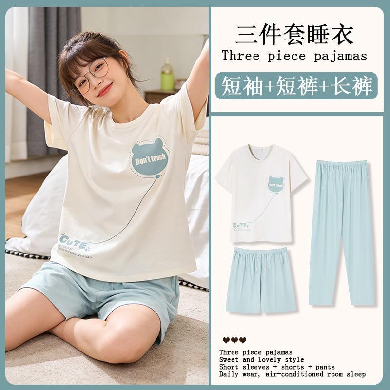 Summer Korean Sweet Pajamas Women's Crew Neck Short-sleeved Three-piece Comfortable Women's Loungewear Spot Straight Hair