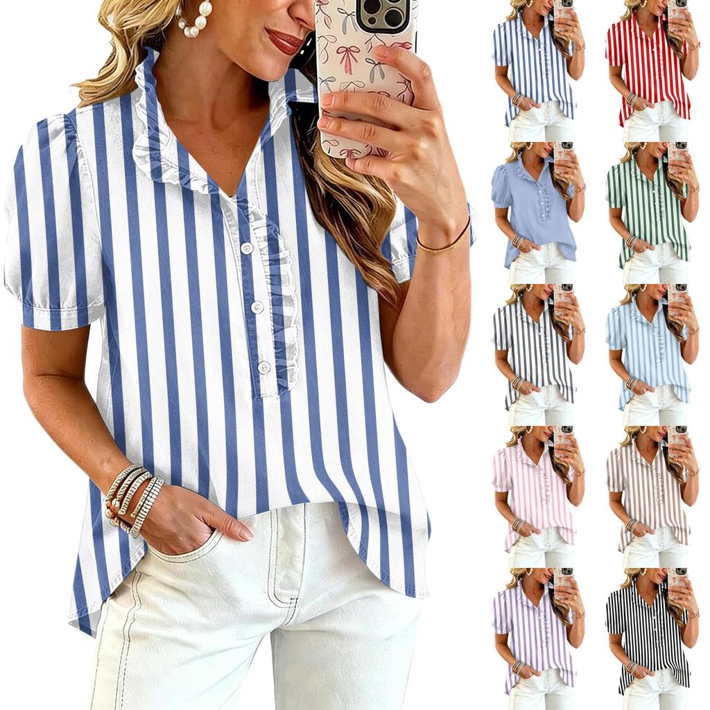 Women Ruffle V Neck Striped Print Blouse Short Sleeve Casual Loose Fit Button Front Top Shirt for Daily Wear