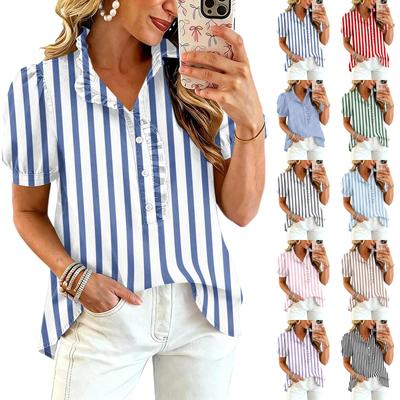 Women Ruffle V Neck Striped Print Blouse Short Sleeve Button Down Relaxed Fit Casual Top for Daily Wear