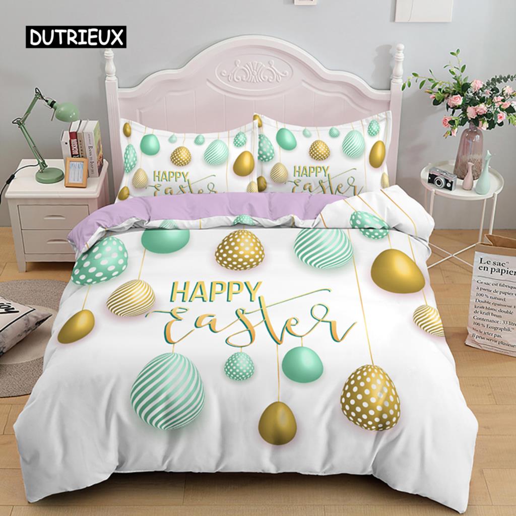 Easter Egg Duvet Cover Set Cartoon Cute Egg Bedding Set Happy Easter Theme Comforter Cover for Kids Teens Microfiber Bedclothes