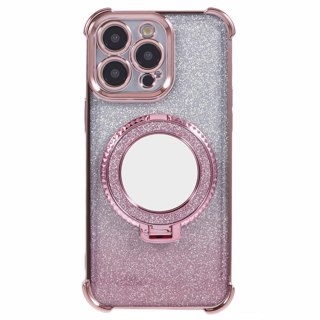 For iPhone 12 Pro Max Case Round Mirror Anti-drop TPU Glitter Phone Cover with Kickstand