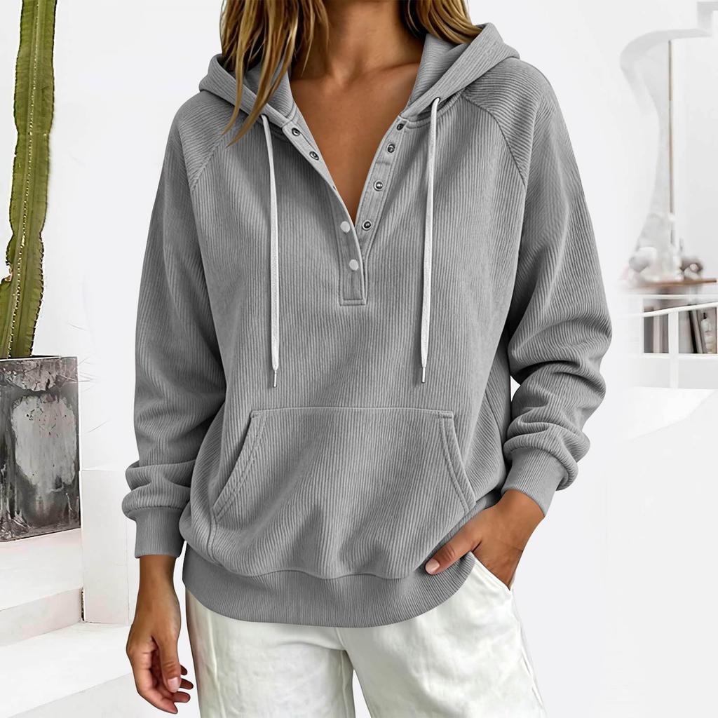 Women's Casual Lightweight Pullover Hoodie Long Sleeve Ribbed Texture Half Button Front Kangaroo Pocket Drawstring Hood Sweatshirt