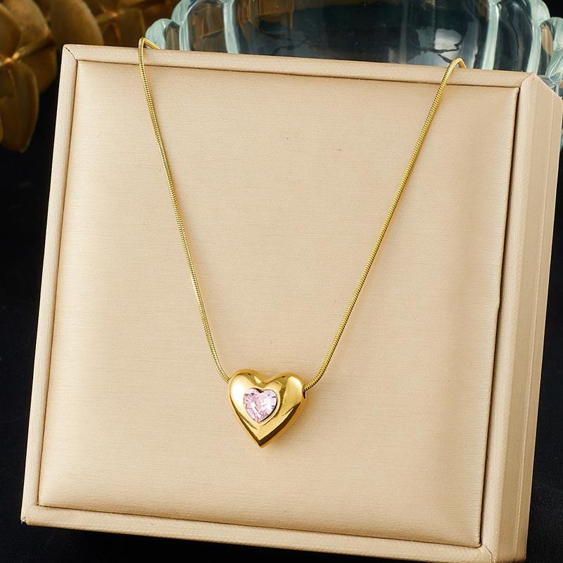 Edelstahl Farbiger Zirkon Inlay Herz Liebe Anhänger Halskette Damen Neue Mode Seilkette Schmuck Glamourös