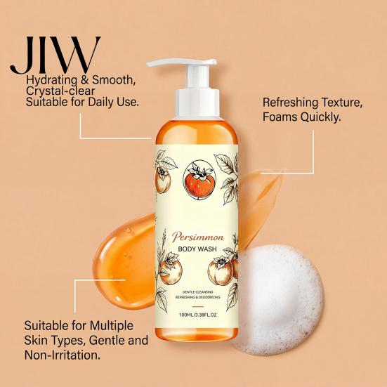 Deep Pore Cleansing Wash Persimmon Body Wash, 100ml Gentle Exfoliating Shower Gel with Fresh Non Irritating Fruit Scent, Mild Daily Cleanser