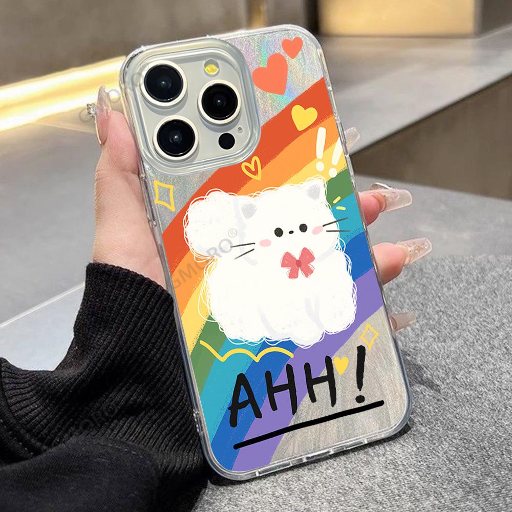 Creative Rainbow Cat is suitable for Apple 15 mobile phone case, cute iPhone17promax anti-drop hard case protective case.