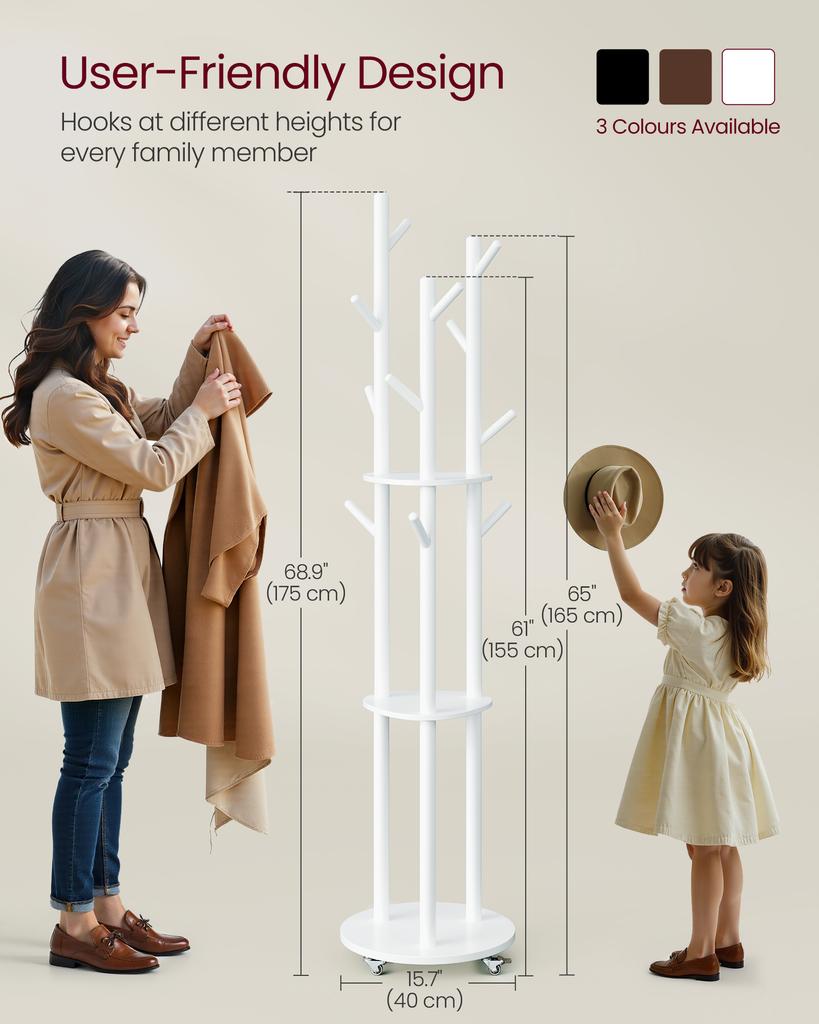 VASAGLE Freestanding Coat Rack Stand, Coat Tree with 11 Hooks, 3 Shelves, 4 Removable Wheels, for Hallway, Bedroom, Living Room, Ink Black RCR023B01