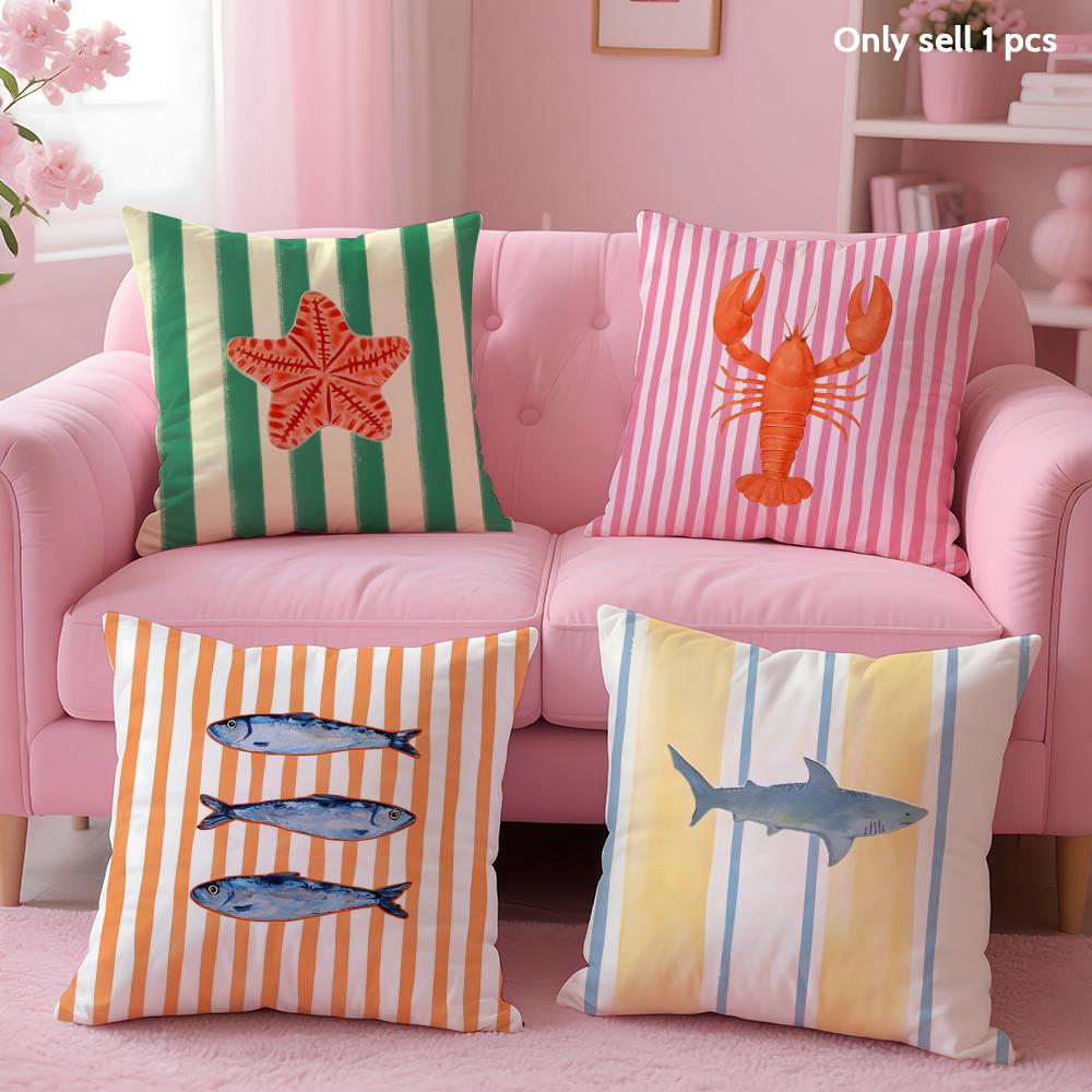 Ocean Life Theme Striped Cushion Cover Soft Short Plush Double-Sided Printing Home Decor Machine Washable Pillow Case Gift