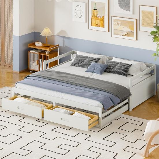 Pull-out Sofa Bed, 78" Convertible Sectional Couch Bed, Modern Wood Couches with Drawers And Slats for Living Room (White)