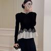 Socialite Lace Ruffle Velvet T-shirt Women's Autumn and Winter New Versatile Top French Style