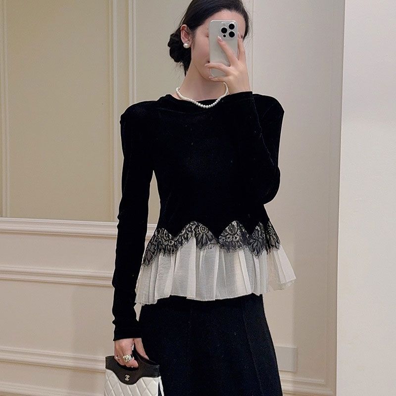 Socialite Lace Ruffle Velvet T-shirt Women's Autumn and Winter New Versatile Top French Style