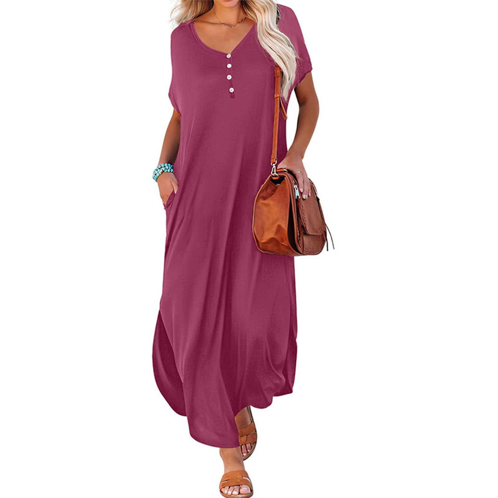 

Женское модное однотонное свободное платье с v-образным вырезом и короткими рукавами средней длины с разрезом XXL