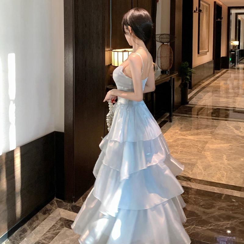 French Light Luxury Beautiful Blue Suspender Dress Femininity Waist Ruffle Edge Evening Dress Long Dress Princess Skirt