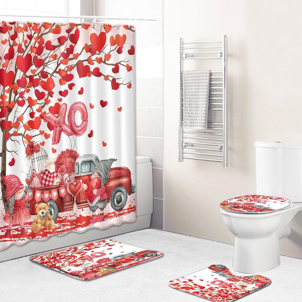 

Valentine S Day Love Bathroom Shower Curtain Floor Mat Toilet Cover Foot Pad Four-Piece Pattern Shower curtain 180 * 180cm + 45 * 75cm