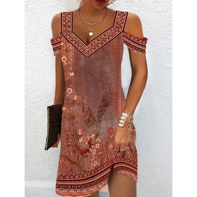 QICED Fashion Summer Spring V-Neck Short Sleeve  Casual Dresses