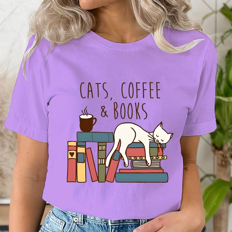 Cats Coffee Books Women Cute Bookworm TShirts Funny Book Lover T Shirt Vintage Reading Graphic Tees Female Bookish Tops Tshirt