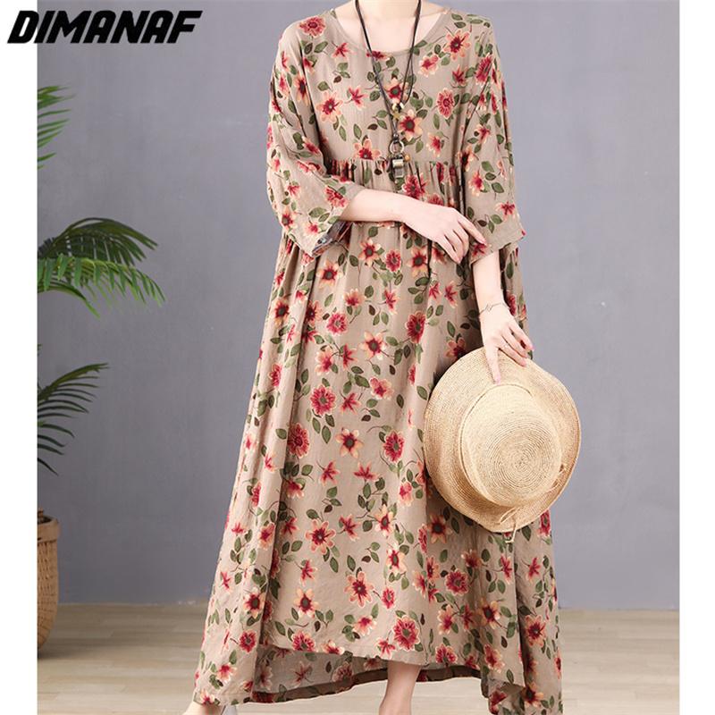 Dimanaf Plus Größe Frauen 2023 Neue Sommer Stil Kleid Lange Hülse O-ansatz Floral Lose Kleid Grün Leinen Grund Kleider