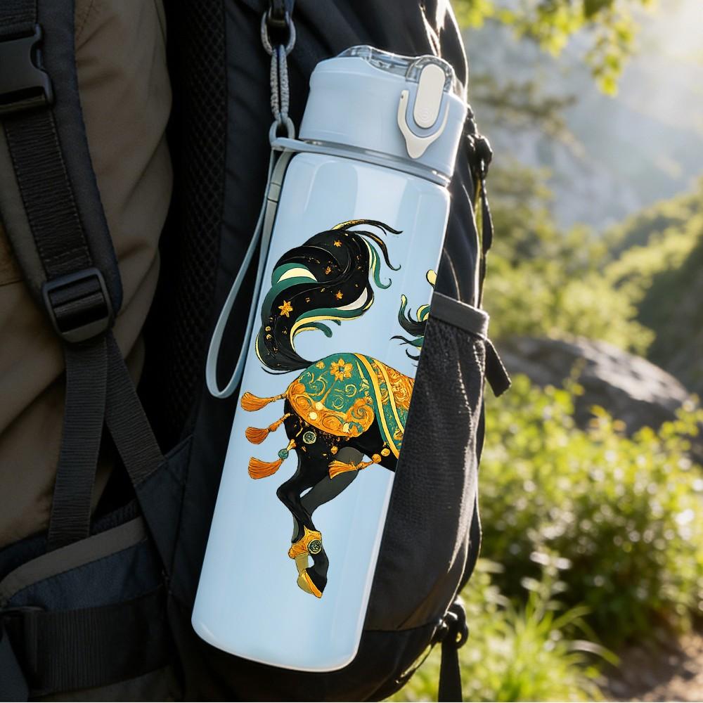 1PC Decorated Folk Horse Art Print 750ml Color Plastic Sports Water Bottle Leakproof Flip Straw Lid Suitable for Sports Office Home Use