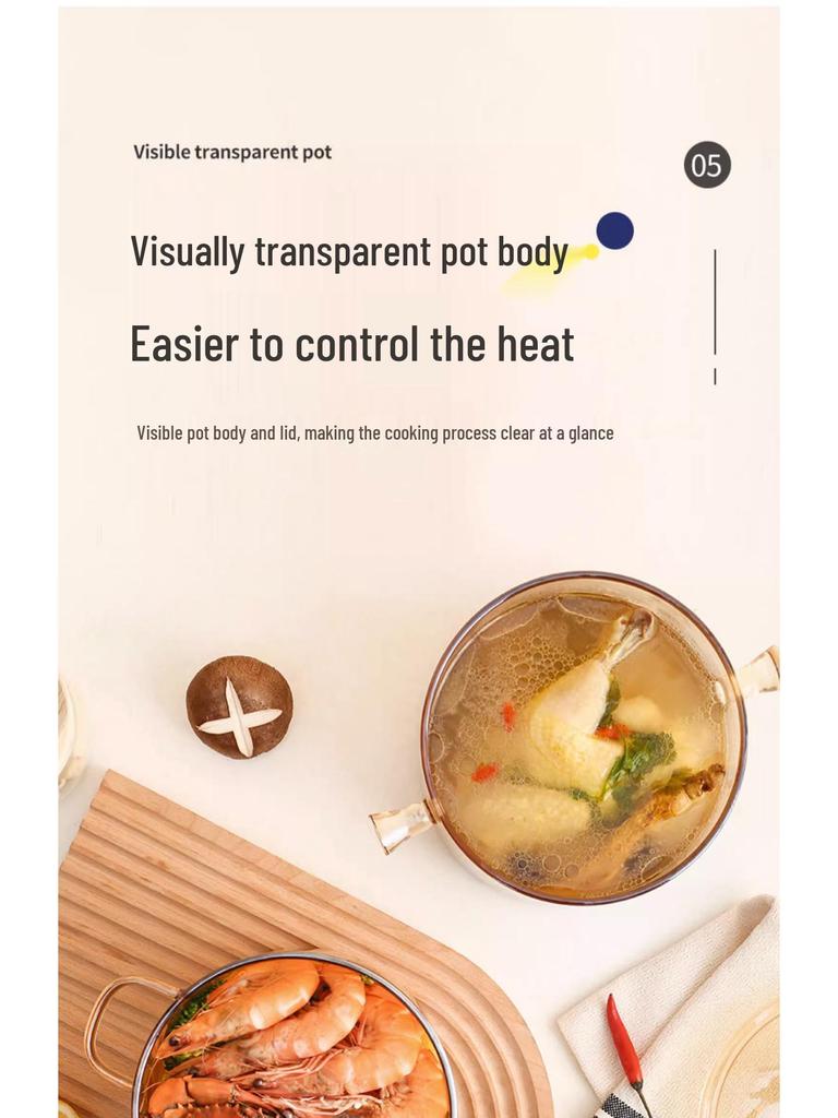 Oală de tocană din sticlă ambrată cu capac – Bol cu două urechi pentru tăiței pentru aragazuri ceramice/electrice