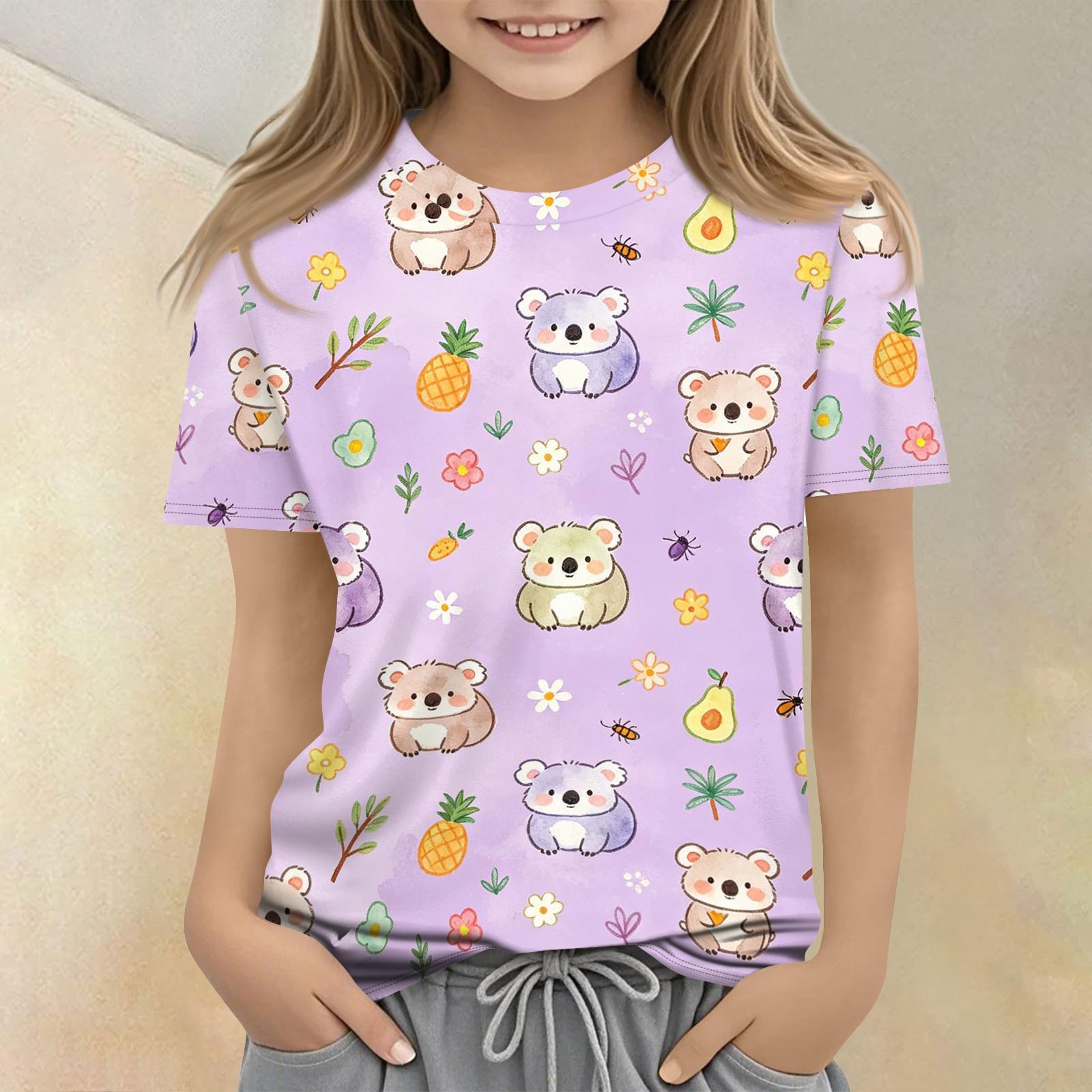 

Kids Animal Print Crew Neck Short Sleeve T Shirt Casual Loose Fit Top for Boys Girls Soft Comfortable Fabric 110 фиолетовый