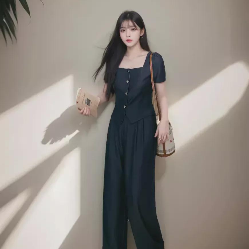 [In Stock] Plus Size Women's Retro Denim-Look Top & Wide-Leg Pants Summer Slimming Set 6160
