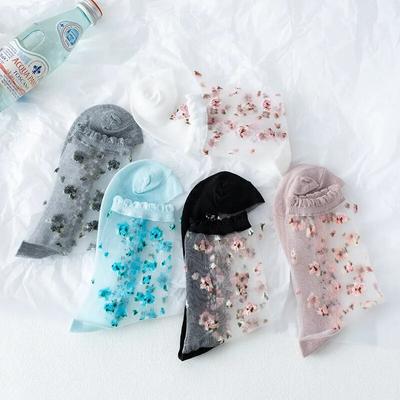 1 Pair Breathable Ultra Thin Socks Summer Women Transparent Lace Silk Crystal Rose Flower Girls Elastic Short Socks Female Sox