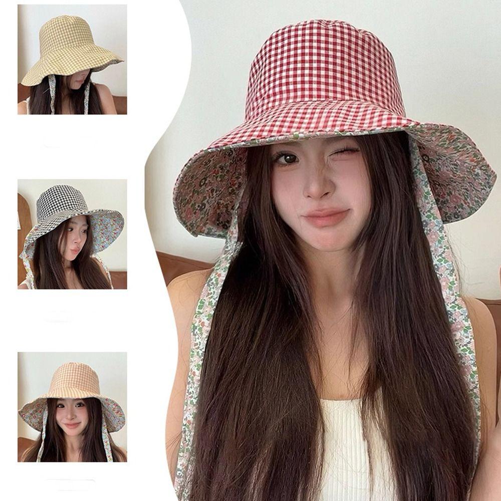 Lace Up Hiking Fisherman Hat Floral Plaid Hiking Cap Fashion Drawstring Sun Hat Outdoor
